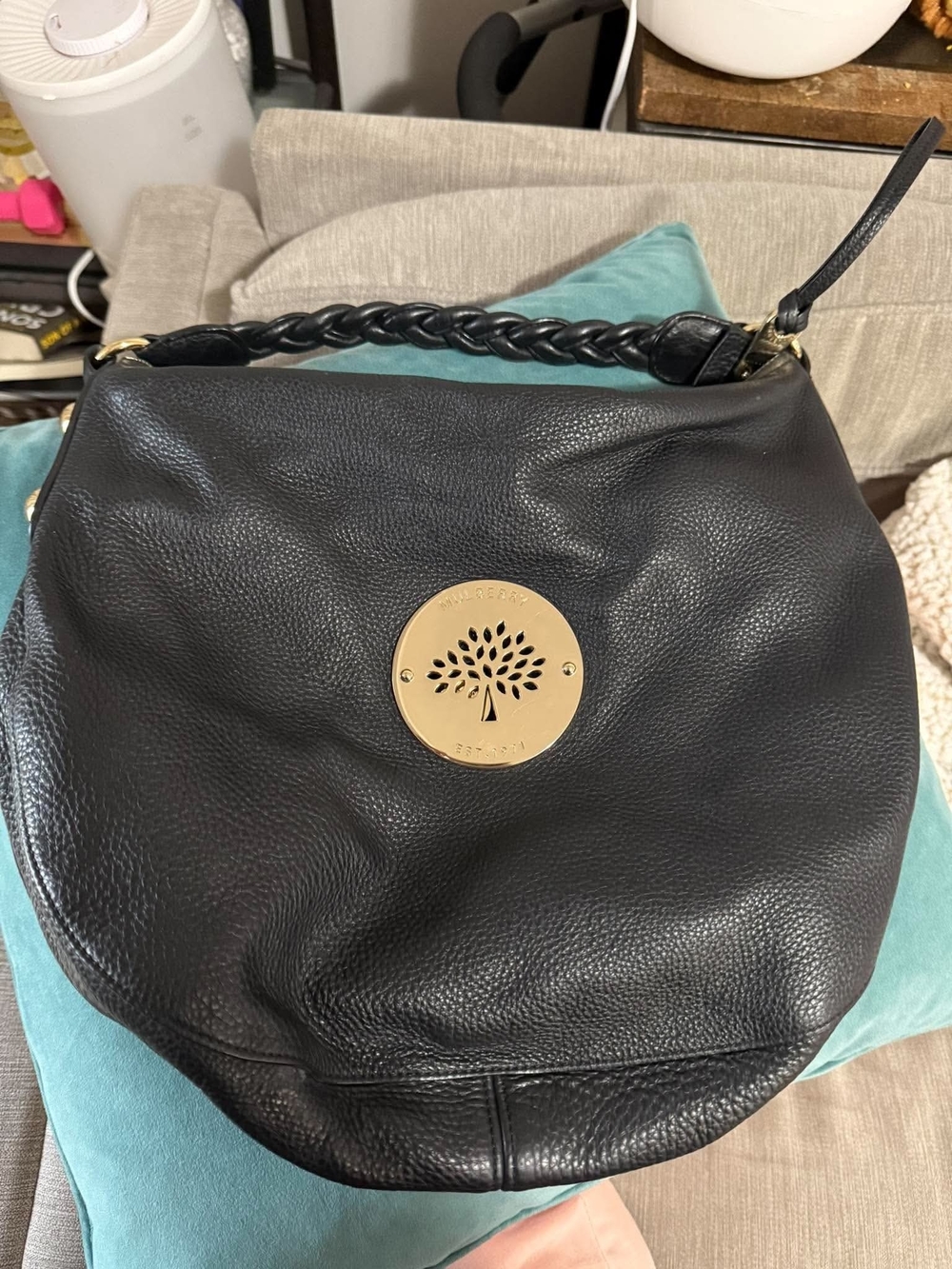 Mulberry Black Leather Shoulder Bag with Gold Tree Medallion